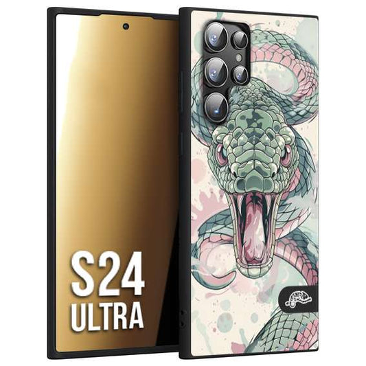CUSTOMIZZA - Custodia cover nera morbida in tpu compatibile per Samsung S24 ULTRA snake pink green serpente tatuaggio tattoo disegnato a mano