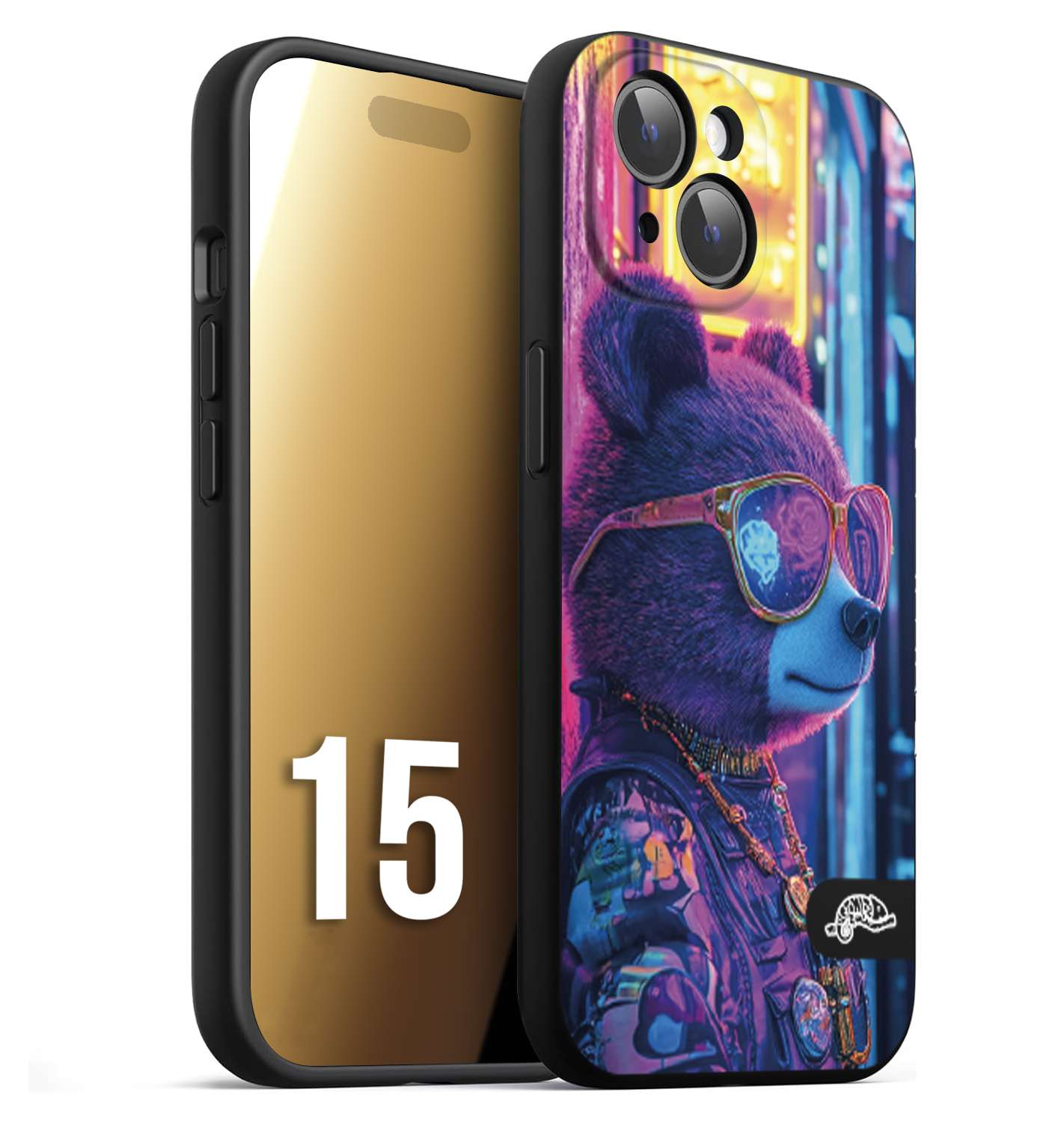 CUSTOMIZZA - Custodia cover nera morbida in tpu compatibile per iPhone 15 animali cyberpunk orsetto orso street bear fucsia blu night