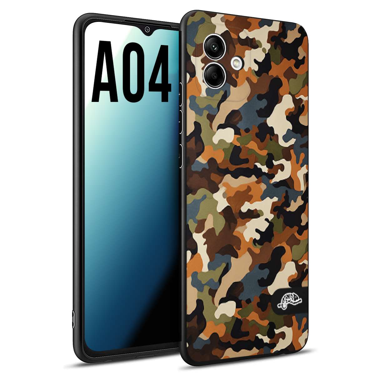 CUSTOMIZZA - Custodia cover nera morbida in tpu compatibile per Samsung A04 camouflage mimetico militare moderno blu marrone beige