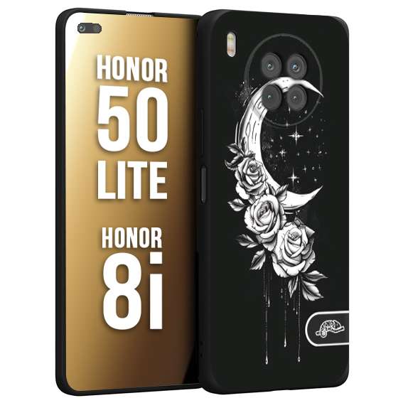 CUSTOMIZZA - Custodia cover nera morbida in tpu compatibile per Honor 8i - Honor 50 LITE luna e fiori moon flowers black and white bianco a rilievo disegnato tattoo tatuaggio
