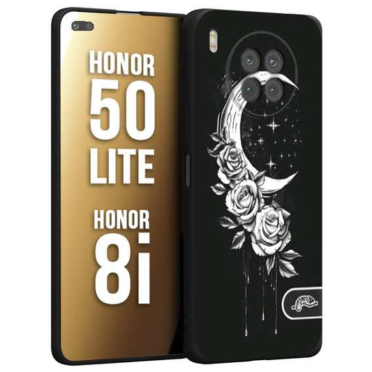 CUSTOMIZZA - Custodia cover nera morbida in tpu compatibile per Honor 8i - Honor 50 LITE luna e fiori moon flowers black and white bianco a rilievo disegnato tattoo tatuaggio