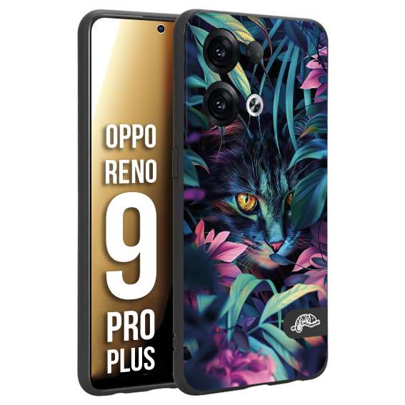 CUSTOMIZZA - Custodia cover nera morbida in tpu compatibile per Oppo Reno 9 PRO PLUS animali color giungla tropicale occhio di gatto colori vibranti disegnato