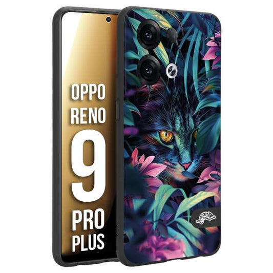 CUSTOMIZZA - Custodia cover nera morbida in tpu compatibile per Oppo Reno 9 PRO PLUS animali color giungla tropicale occhio di gatto colori vibranti disegnato