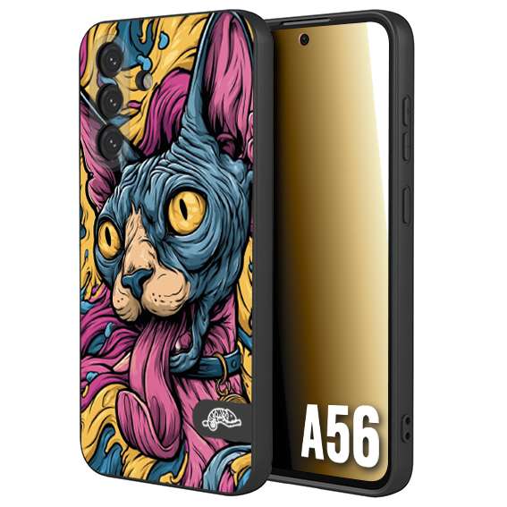 CUSTOMIZZA - Custodia cover nera morbida in tpu compatibile per Samsung A56 5G Sphynx Colorato Pop Art Psichedelico Gatto Blu Rosa Giallo Artistica Fantasy