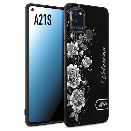 CUSTOMIZZA - Custodia cover nera morbida in tpu compatibile per Samsung A21S personalizzata rilievo soft touch nome rose fiori donna