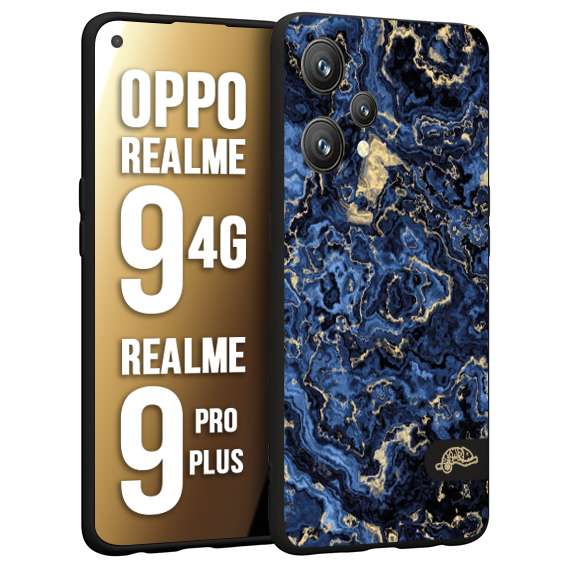 CUSTOMIZZA - Custodia cover nera morbida in tpu compatibile per Realme 9 4G - 9 PRO PLUS effetto marmo marble blu venature dorato psichedelico
