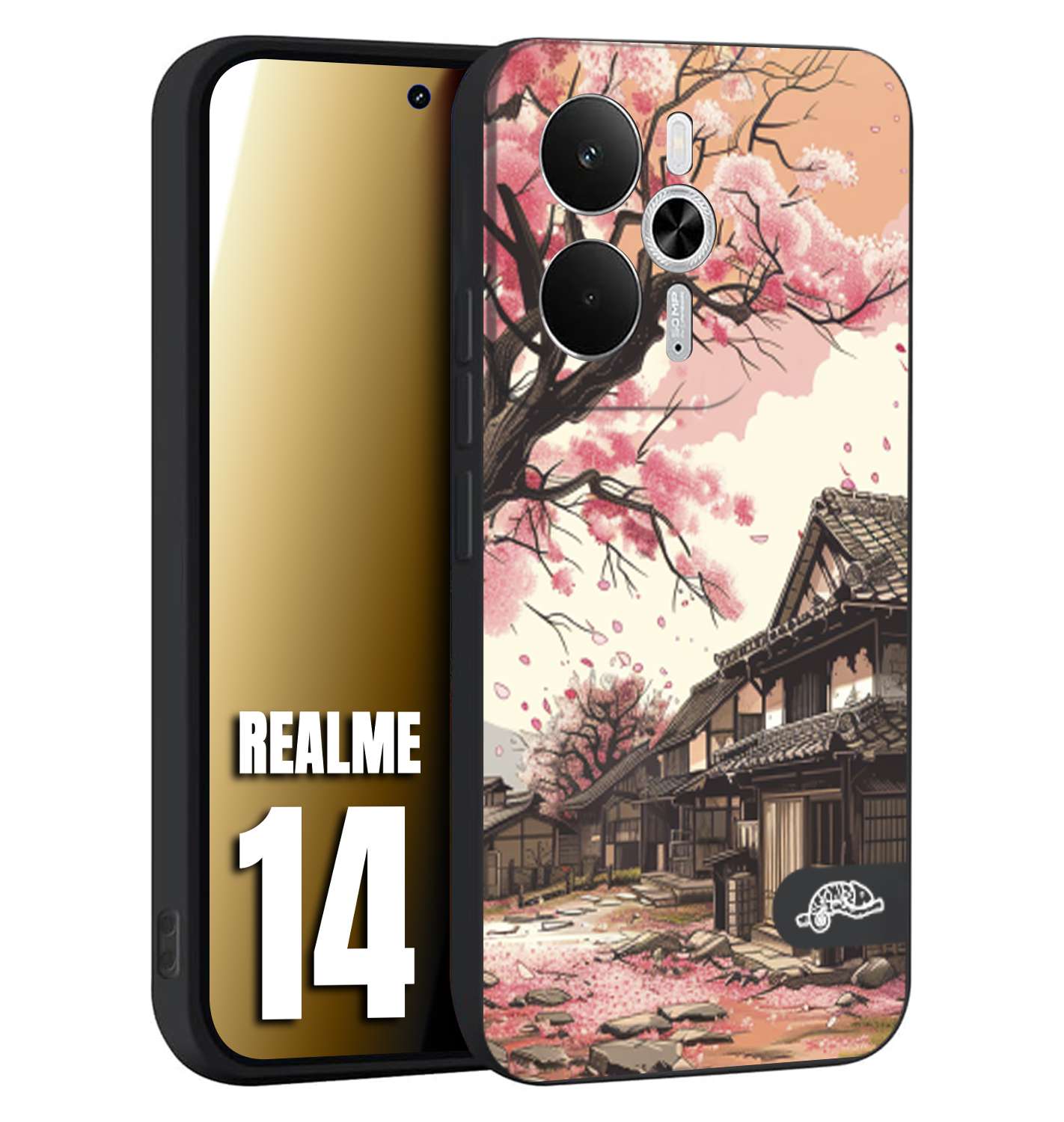 CUSTOMIZZA - Custodia cover nera morbida in tpu compatibile per Realme 14 5G casa giapponese rosa ciliegio in fiore disegnata tattoo