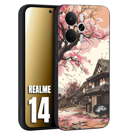 CUSTOMIZZA - Custodia cover nera morbida in tpu compatibile per Realme 14 5G casa giapponese rosa ciliegio in fiore disegnata tattoo