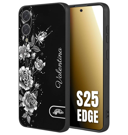 CUSTOMIZZA - Custodia cover nera morbida in tpu compatibile per Samsung S25 EDGE personalizzata rilievo soft touch nome rose fiori donna