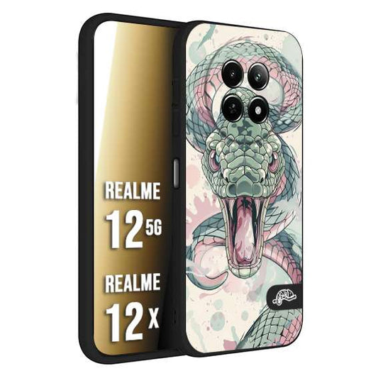 CUSTOMIZZA - Custodia cover nera morbida in tpu compatibile per Realme 12 5G - 12X snake pink green serpente tatuaggio tattoo disegnato a mano