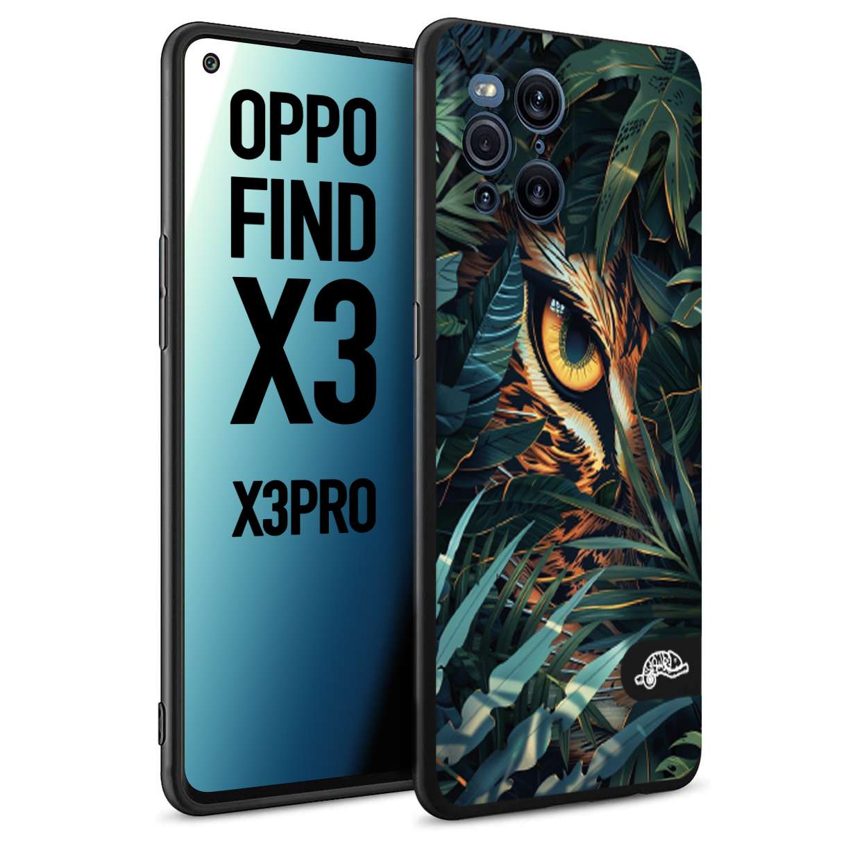 CUSTOMIZZA - Custodia cover nera morbida in tpu compatibile per Oppo Find X3 - Find X3 Pro 5G animali color giungla tropicale occhio di giaguaro felino disegnato