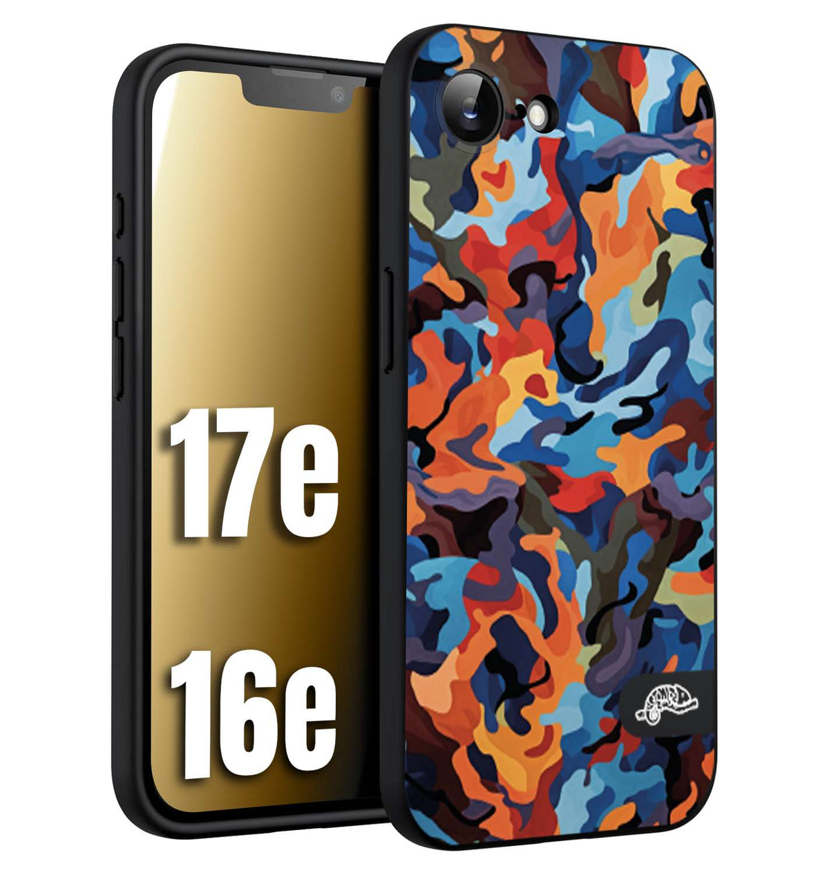 CUSTOMIZZA - Custodia cover nera morbida in tpu compatibile per iPhone 16E - 17E camouflage mimetico militare moderno blu arancio rosso