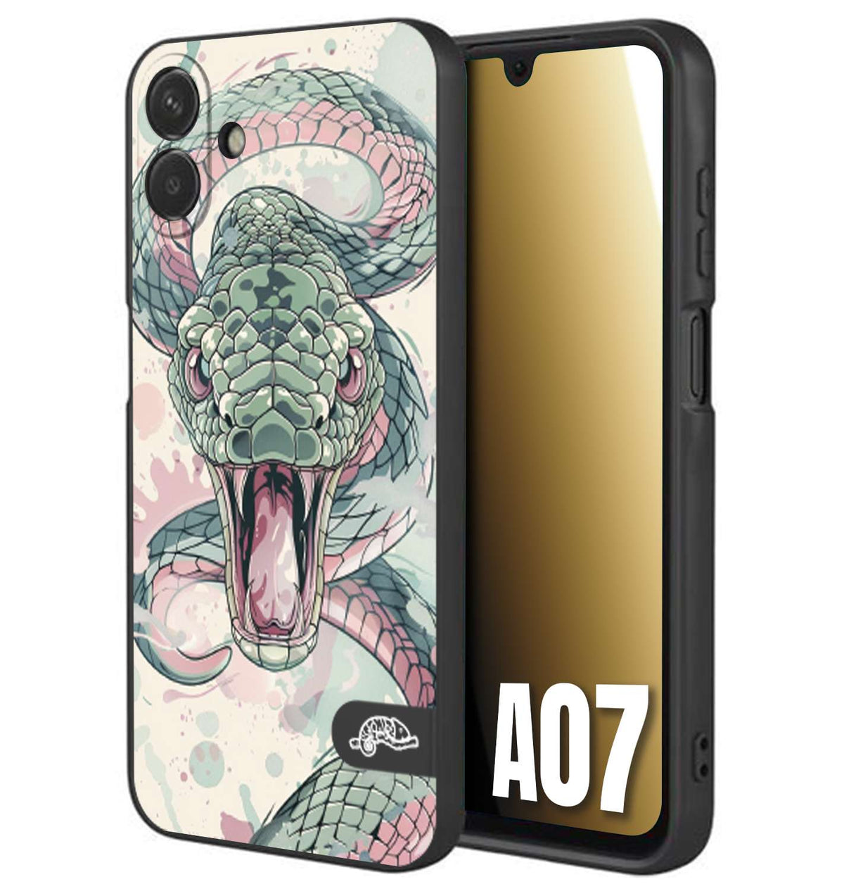 CUSTOMIZZA - Custodia cover nera morbida in tpu compatibile per Samsung A07 snake pink green serpente tatuaggio tattoo disegnato a mano
