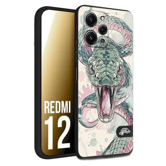 CUSTOMIZZA - Custodia cover nera morbida in tpu compatibile per Xiaomi Redmi 12 snake pink green serpente tatuaggio tattoo disegnato a mano