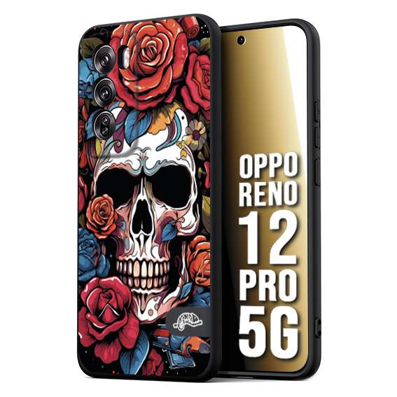 CUSTOMIZZA - Custodia cover nera morbida in tpu compatibile per Oppo Reno 12 PRO 5G teschio skull flowers fiori rose rosse tattoo disegnato