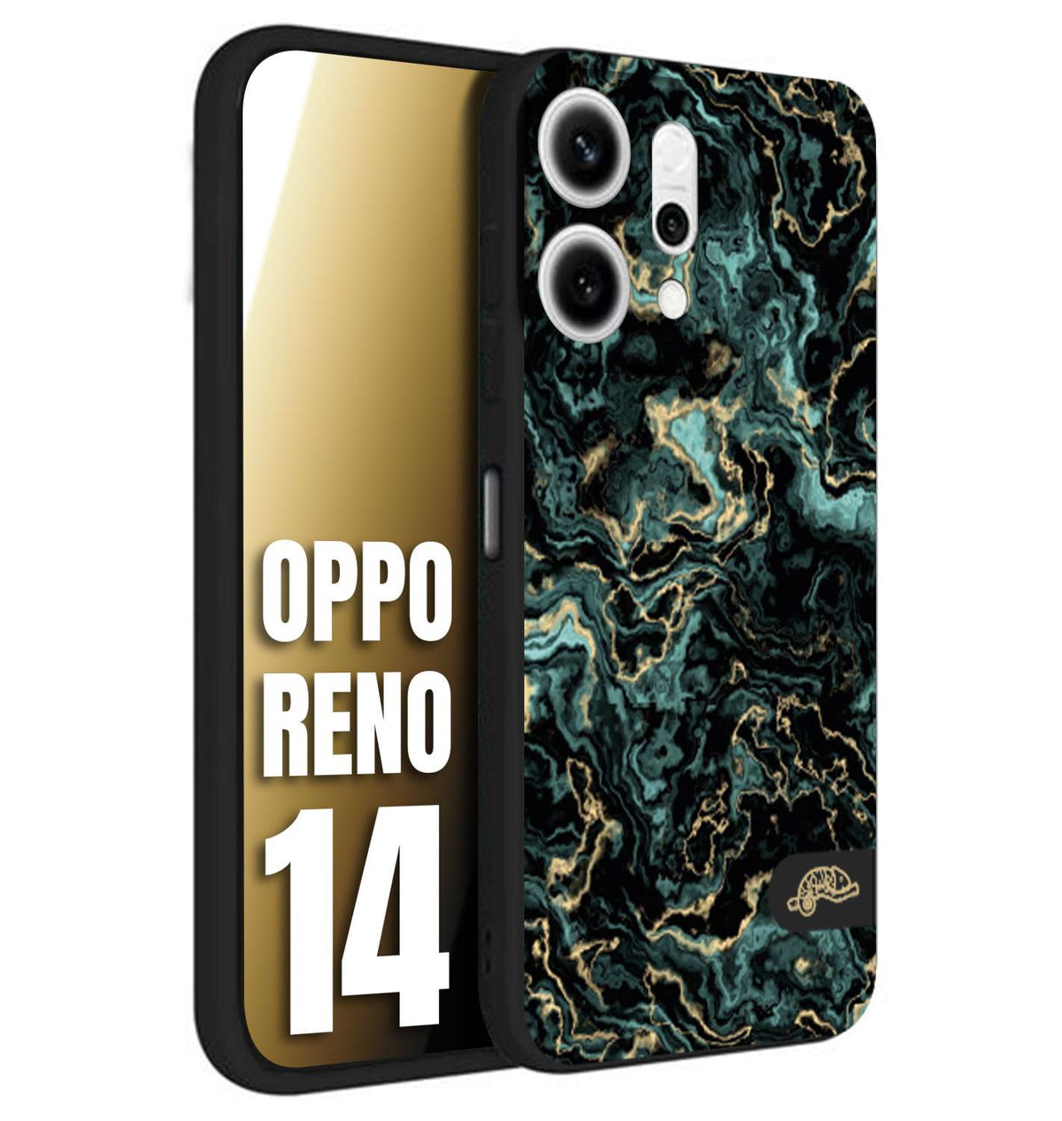 CUSTOMIZZA - Custodia cover nera morbida in tpu compatibile per Oppo Reno 14 effetto marmo marble verde green venature dorato pietra