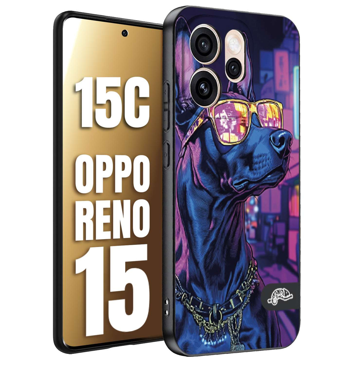 CUSTOMIZZA - Custodia cover nera morbida in tpu compatibile per Oppo Reno 15 - Reno 15Canimali cyberpunk dobermann cane street dog fucsia blu night