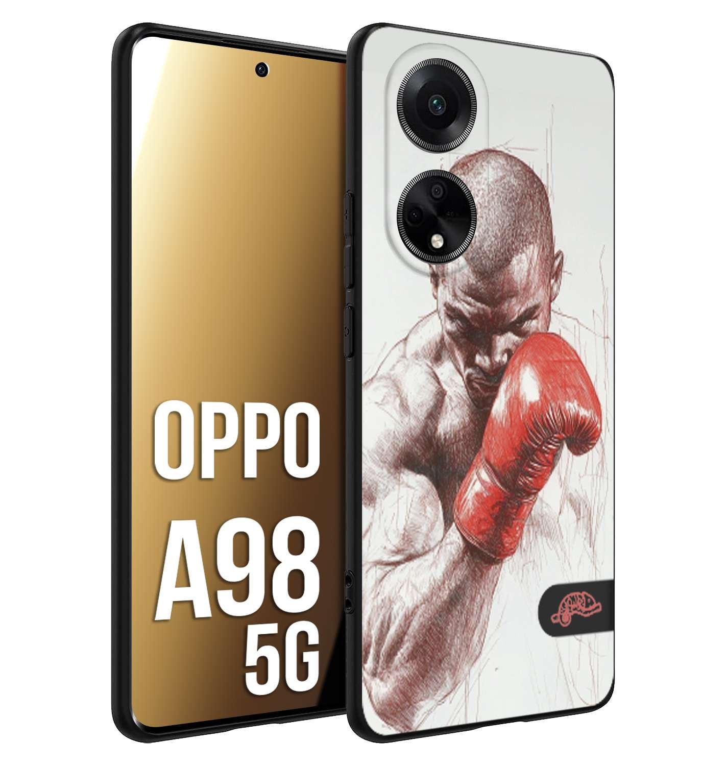 CUSTOMIZZA - Custodia cover nera morbida in tpu compatibile per Oppo A98 5G pugilato pugili disegno tattoo guantoni box sport primo piano