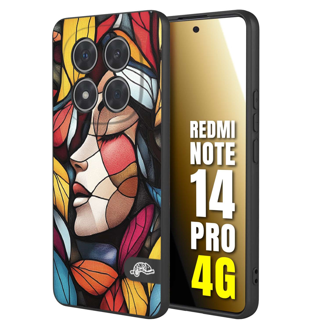 CUSTOMIZZA - Custodia cover nera morbida in tpu compatibile per Xiaomi Redmi Note 14 PRO 4G Vetrata artistica volto di donna profilo fogliare mosaico di vetro colorato