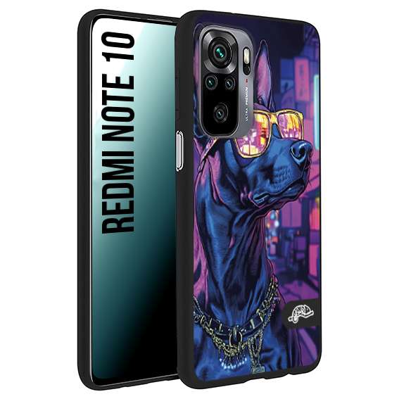 CUSTOMIZZA - Custodia cover nera morbida in tpu compatibile per Xiaomi Redmi Note 10 animali cyberpunk dobermann cane street dog fucsia blu night
