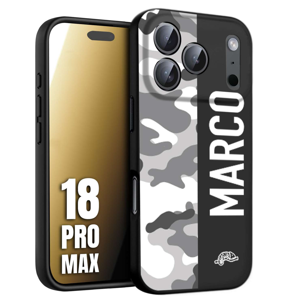 CUSTOMIZZA - Custodia cover nera morbida in tpu compatibile per iPhone 18 PRO MAX camouflage mimetico militare personalizzata nome bianco