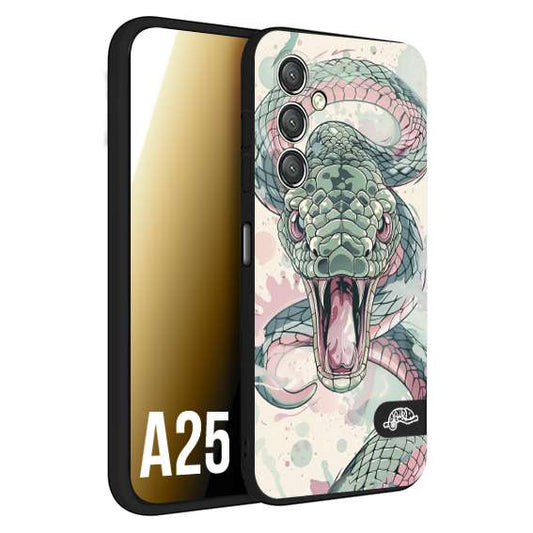 CUSTOMIZZA - Custodia cover nera morbida in tpu compatibile per Samsung A25 snake pink green serpente tatuaggio tattoo disegnato a mano