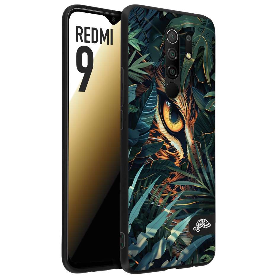 CUSTOMIZZA - Custodia cover nera morbida in tpu compatibile per Xiaomi Redmi 9 animali color giungla tropicale occhio di giaguaro felino disegnato