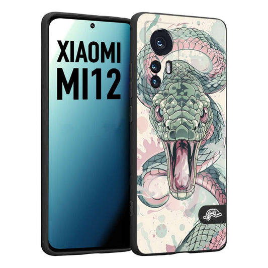 CUSTOMIZZA - Custodia cover nera morbida in tpu compatibile per Xiaomi 12 5G snake pink green serpente tatuaggio tattoo disegnato a mano