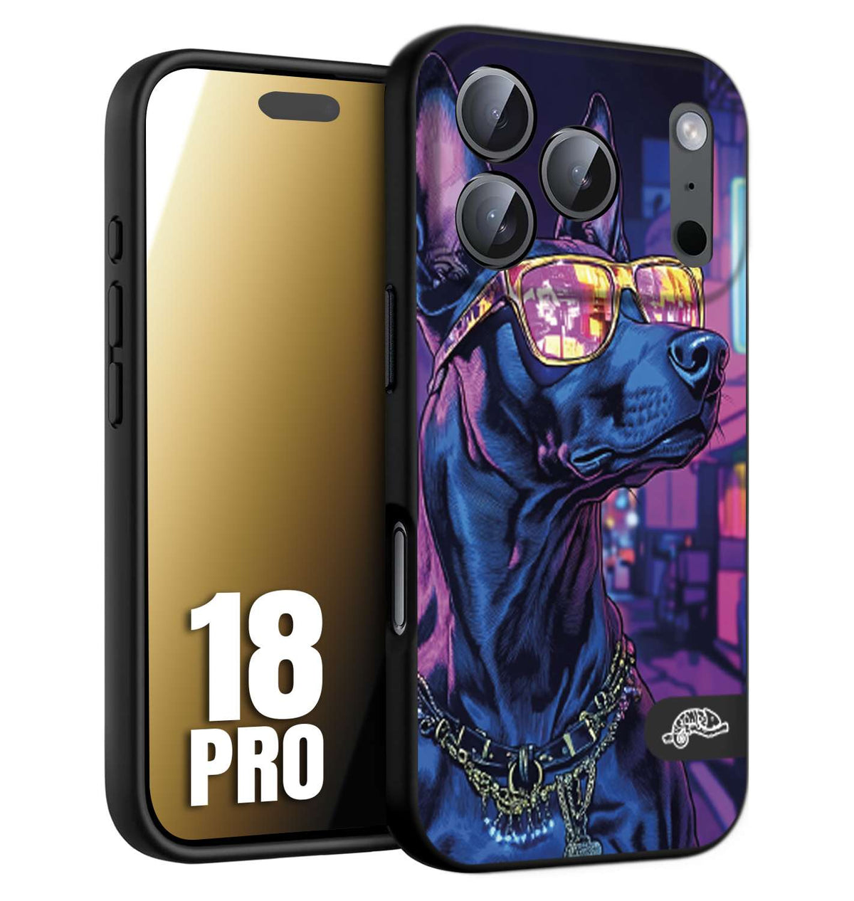CUSTOMIZZA - Custodia cover nera morbida in tpu compatibile per iPhone 18 PRO animali cyberpunk dobermann cane street dog fucsia blu night