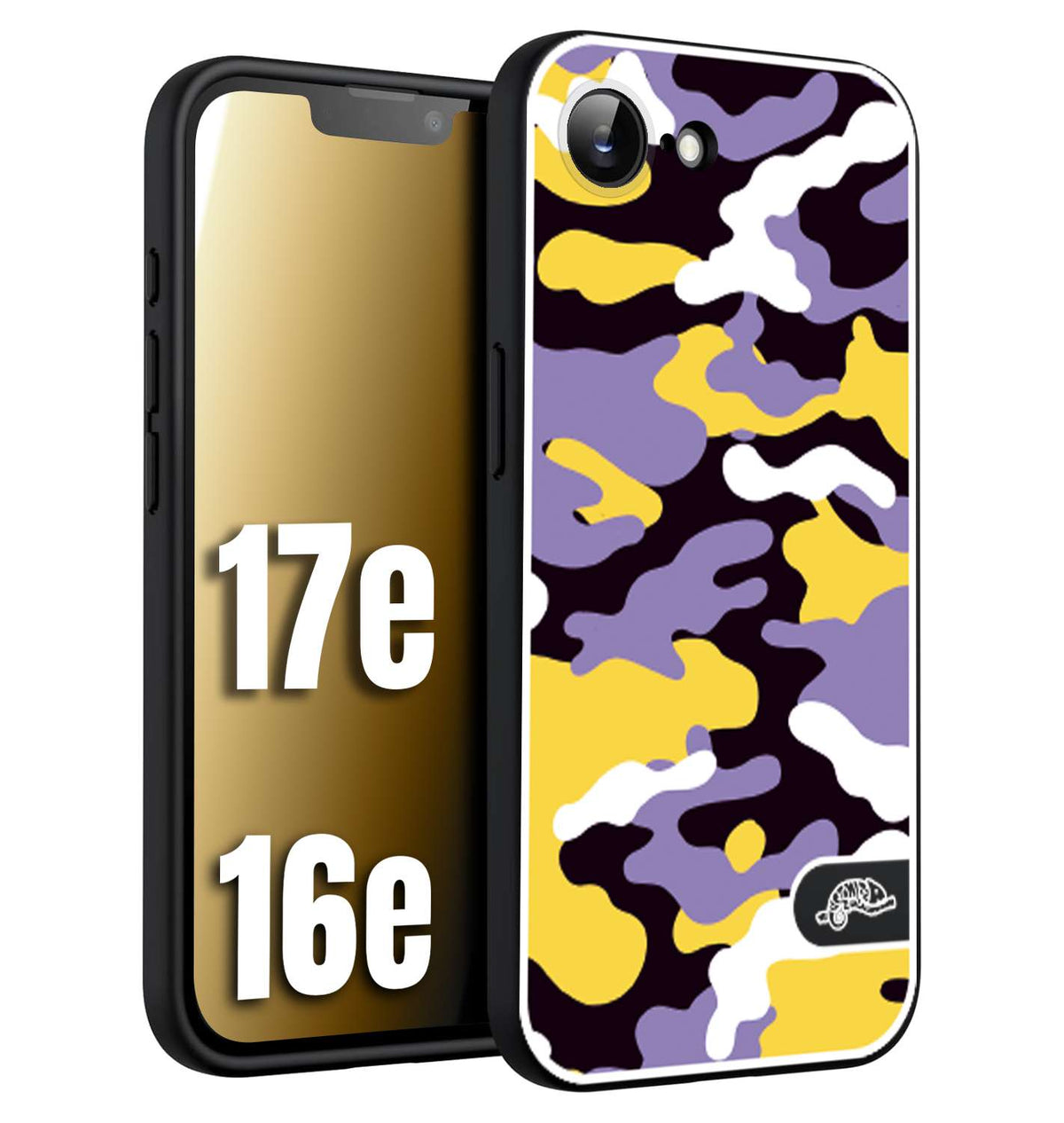 CUSTOMIZZA - Custodia cover nera morbida in tpu compatibile per iPhone 16E - 17E camouflage mimetico militare viola lilla giallo