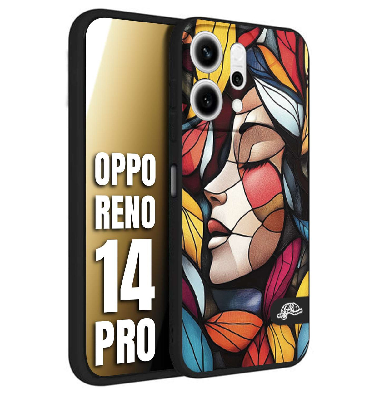 CUSTOMIZZA - Custodia cover nera morbida in tpu compatibile per Oppo Reno 14 PRO Vetrata artistica volto di donna profilo fogliare mosaico di vetro colorato