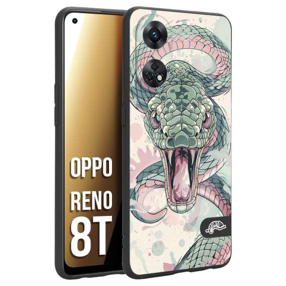 CUSTOMIZZA - Custodia cover nera morbida in tpu compatibile per Oppo Reno 8T snake pink green serpente tatuaggio tattoo disegnato a mano