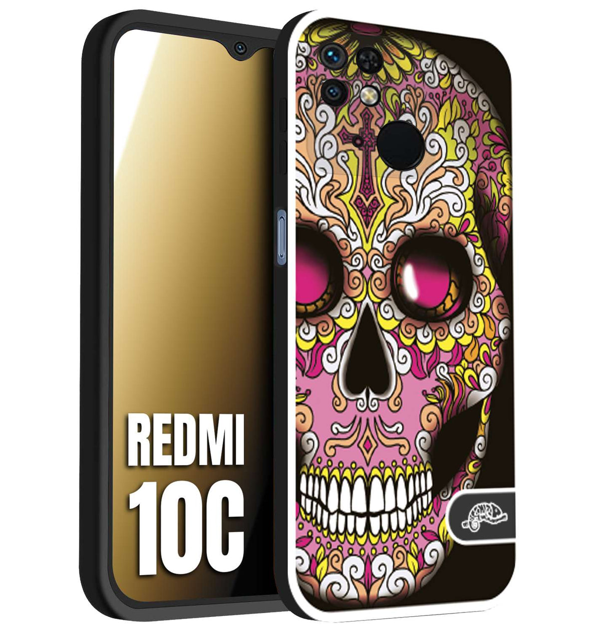 CUSTOMIZZA - Custodia cover nera morbida in tpu compatibile per Xiaomi Redmi 10C teschio messicano Mexican skull rosa gialla