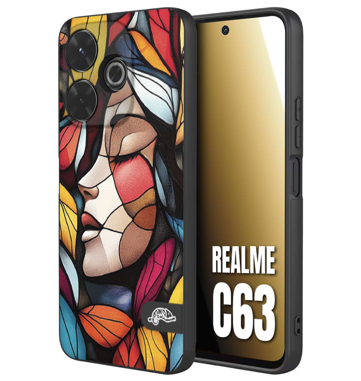 CUSTOMIZZA - Custodia cover nera morbida in tpu compatibile per Realme C63 Vetrata artistica volto di donna profilo fogliare mosaico di vetro colorato