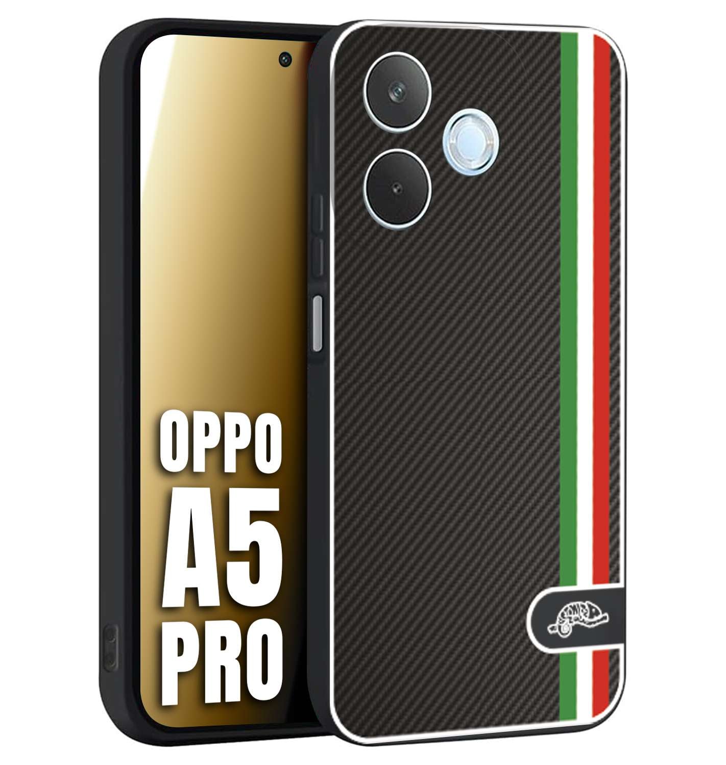 CUSTOMIZZA - Custodia cover nera morbida in tpu compatibile per Oppo A5 PRO effetto fibra di carbonio bandiera Italia made in Italy