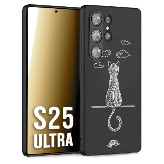 CUSTOMIZZA - Custodia cover nera morbida in tpu compatibile per Samsung S25 ULTRA gatto mandala stilizzato gattino a rilievo soft touch donna bianca