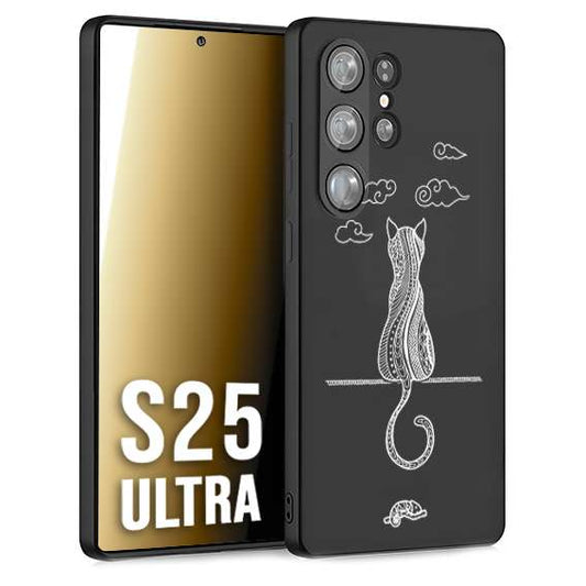 CUSTOMIZZA - Custodia cover nera morbida in tpu compatibile per Samsung S25 ULTRA gatto mandala stilizzato gattino a rilievo soft touch donna bianca
