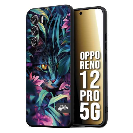 CUSTOMIZZA - Custodia cover nera morbida in tpu compatibile per Oppo Reno 12 PRO 5G animali color giungla tropicale occhio di gatto colori vibranti disegnato