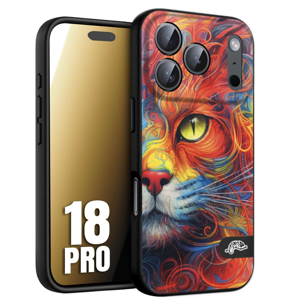 CUSTOMIZZA - Custodia cover nera morbida in tpu compatibile per iPhone 18 PRO animali color cat gatto viso colori vibranti disegnato schizzo