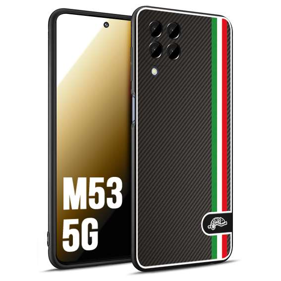 CUSTOMIZZA - Custodia cover nera morbida in tpu compatibile per Samsung M53 5G effetto fibra di carbonio bandiera Italia made in Italy