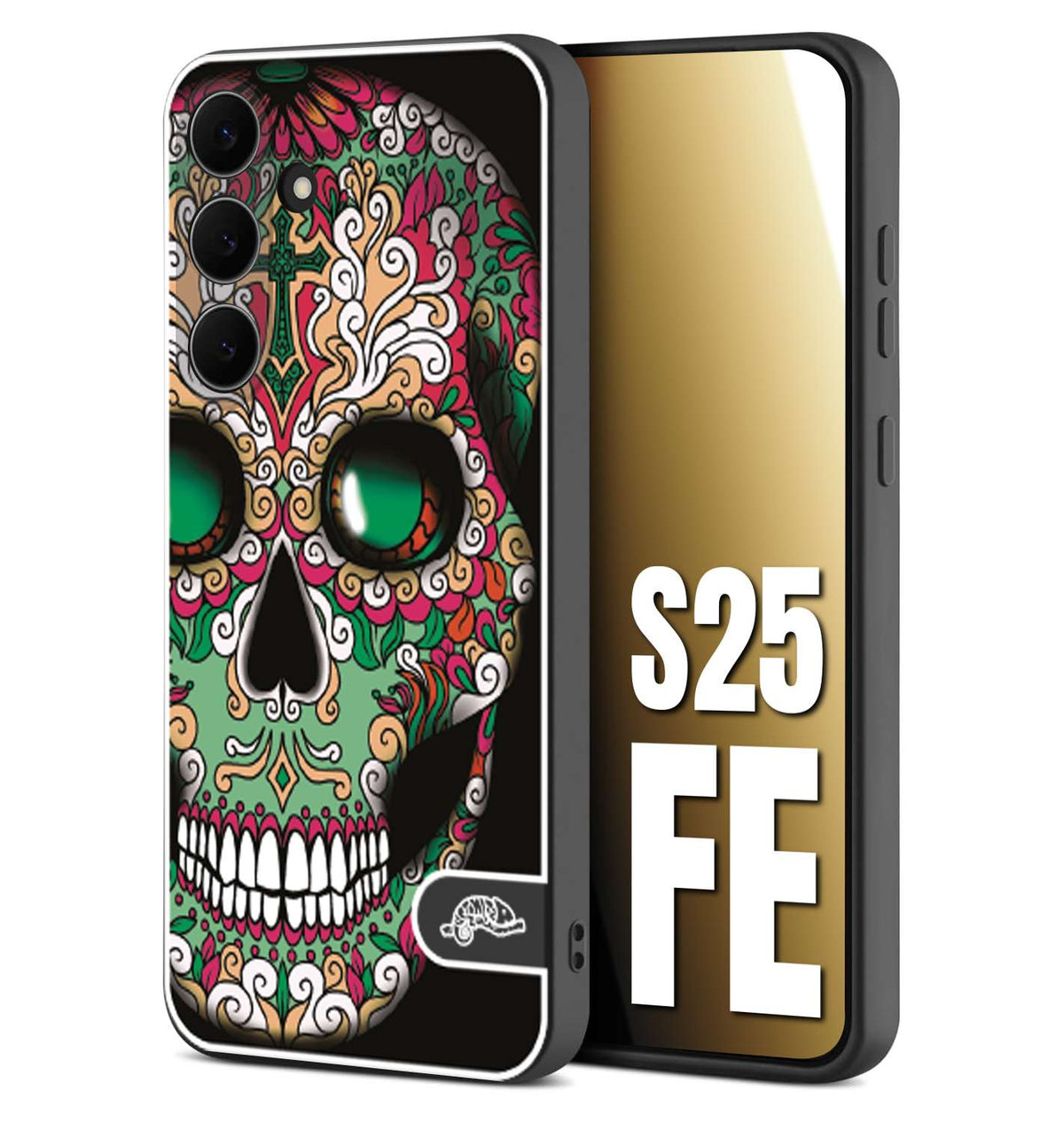 CUSTOMIZZA - Custodia cover nera morbida in tpu compatibile per Samsung S25 FE teschio messicano Mexican skull verde fucsia