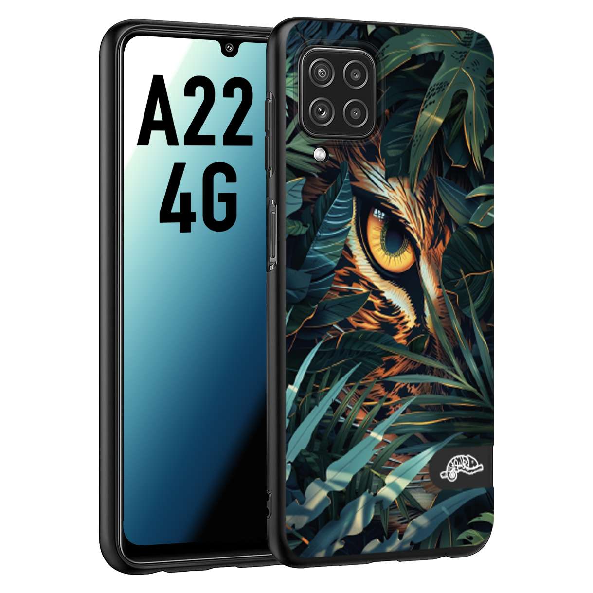 CUSTOMIZZA - Custodia cover nera morbida in tpu compatibile per Samsung A22 4G animali color giungla tropicale occhio di giaguaro felino disegnato