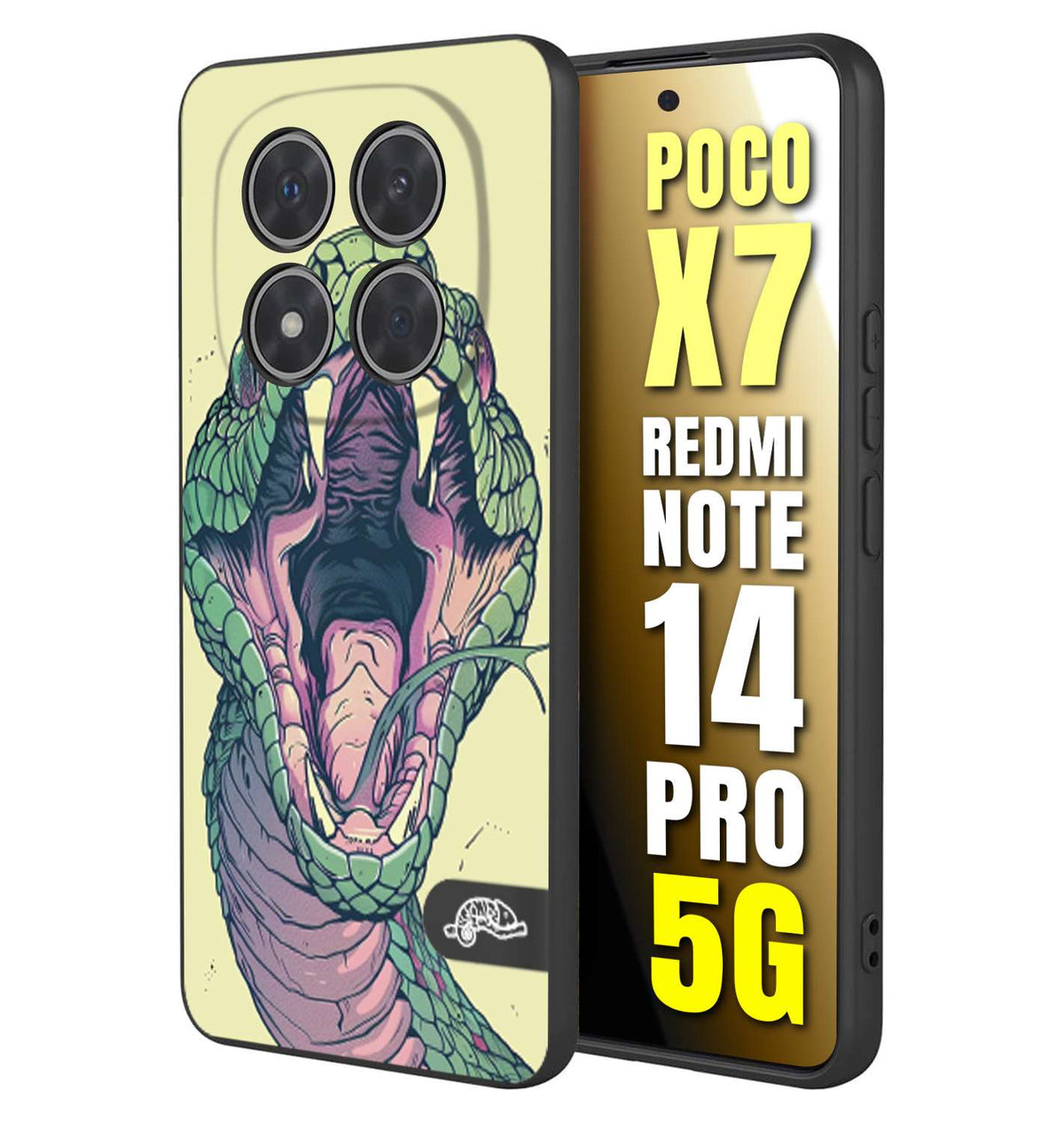 CUSTOMIZZA - Custodia cover nera morbida in tpu compatibile per Xiaomi Redmi Note 14 PRO 5G snake yellow green serpente tatuaggio tattoo disegnato a mano