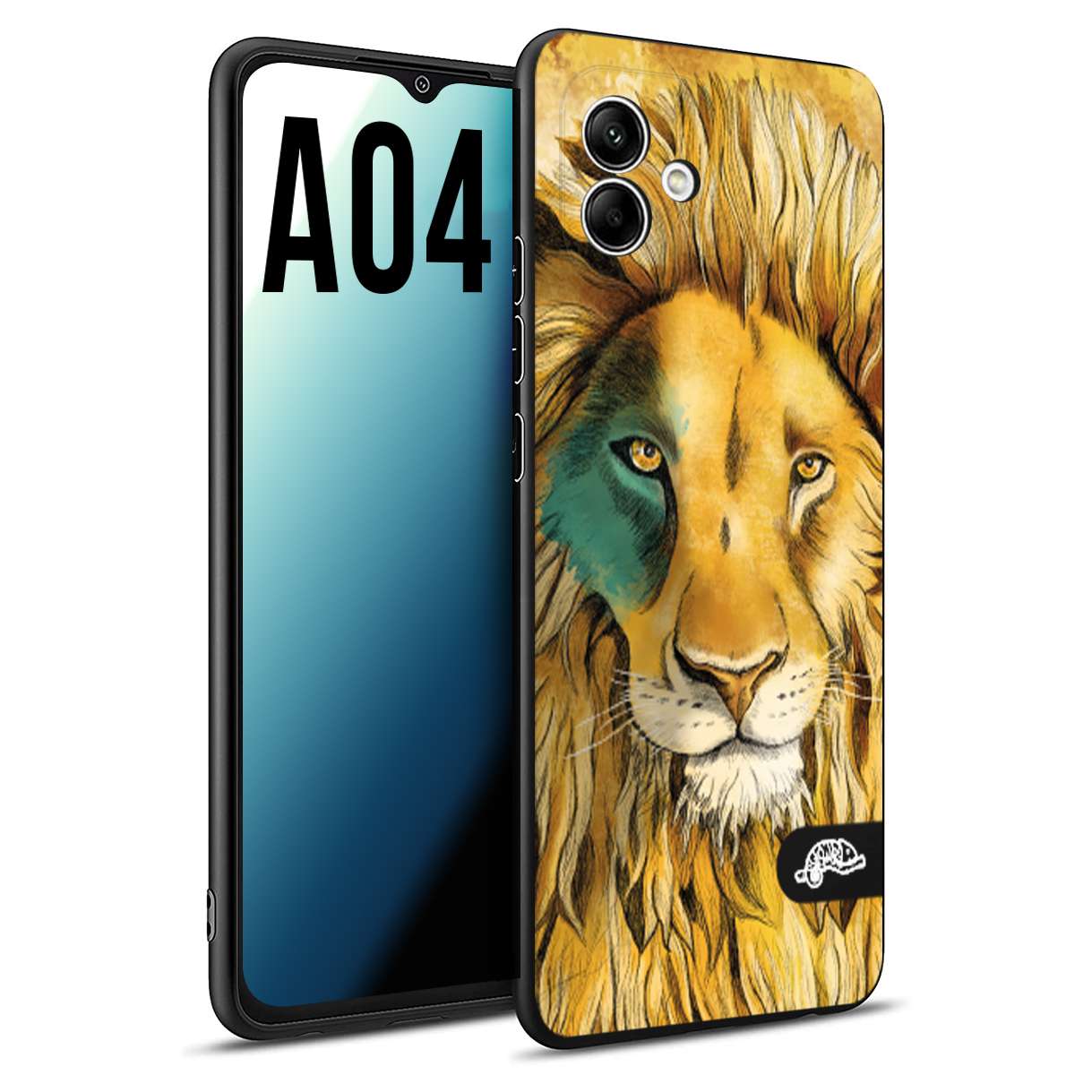 CUSTOMIZZA - Custodia cover nera morbida in tpu compatibile per Samsung A04 leone lion disegnato a mano giallo blu a rilievo artistico brown