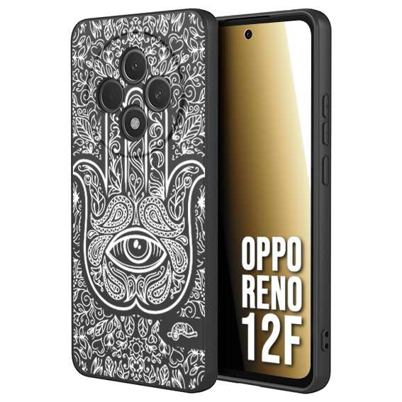 CUSTOMIZZA - Custodia cover nera morbida in tpu compatibile per Oppo Reno 12F mano di fatima effetto rilievo mandala donna