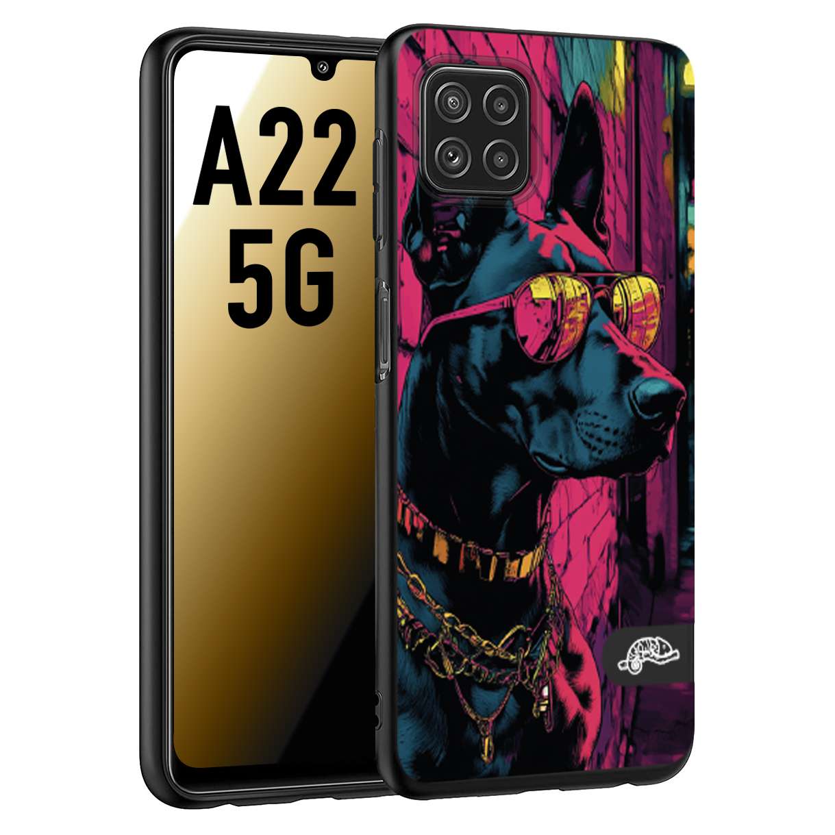 CUSTOMIZZA - Custodia cover nera morbida in tpu compatibile per Samsung A22 5G animali cyberpunk dobermann cane street dog fucsia blu
