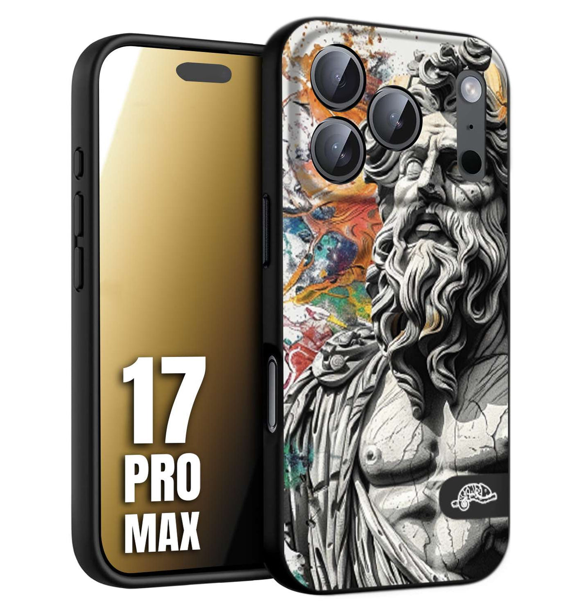 CUSTOMIZZA - Custodia cover nera morbida in tpu compatibile per iPhone 17 PRO MAX statua colorata moderna antico tattoo splash color