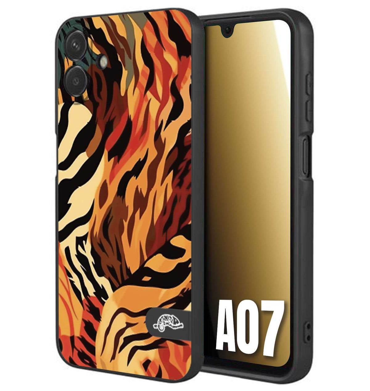 CUSTOMIZZA - Custodia cover nera morbida in tpu compatibile per Samsung A07 leopardato maculato tigrato tiger colorata gialla rossa arancio
