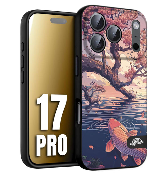 CUSTOMIZZA - Custodia cover nera morbida in tpu compatibile per iPhone 17 PRO giapponese lago carpa koi rosa con foglie d'acero disegnata tattoo