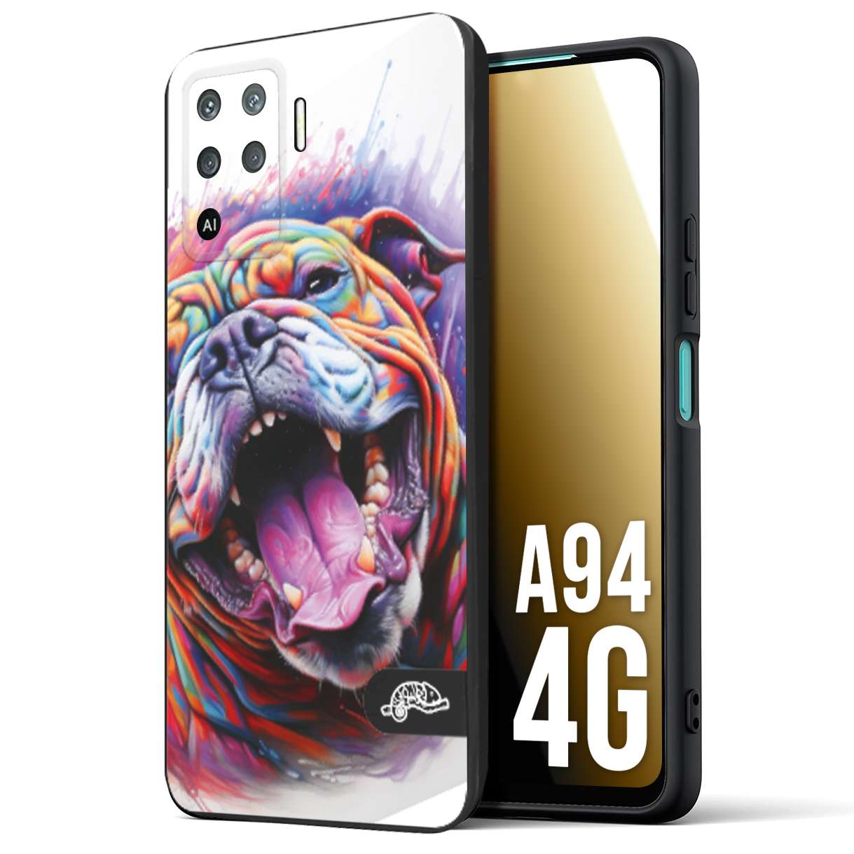 CUSTOMIZZA - Custodia cover nera morbida in tpu compatibile per Oppo A94 4G animali color bulldog cane dog colori vibranti disegnato schizzo